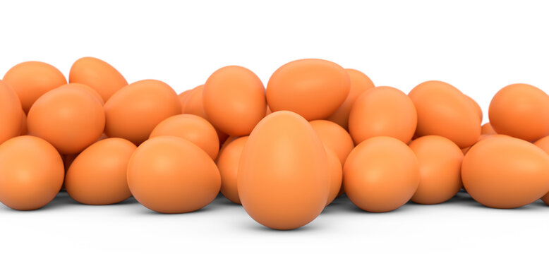 Group of farm raw organic brown chicken eggs in a crowd on white background