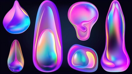 Abstract liquid 3d shapes,floating paint drops with gradient on black background. Realistic bright molecular or fluid elements. design set