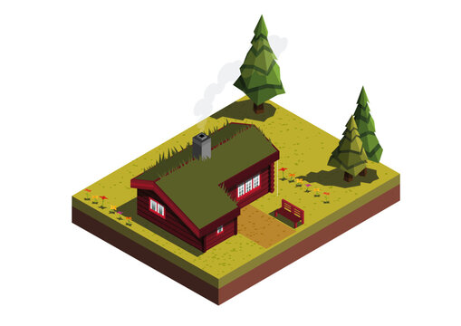 Isometric log cabin in the woods