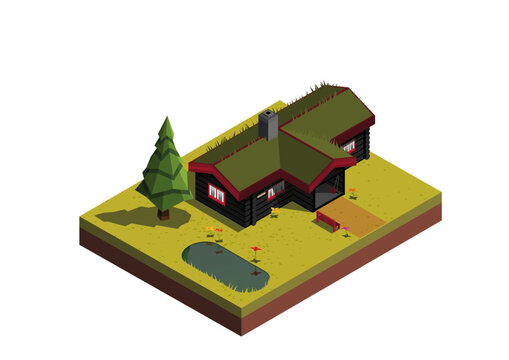 Isometric log cabin in the woods