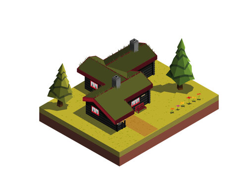 Isometric log cabin in the woods
