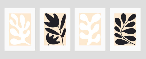 Set of abstract cover background inspired by matisse. Plants, leaf branch, coral, monochrome, black and white. Contemporary aesthetic illustrated design for wall art, decoration, wallpaper, print.