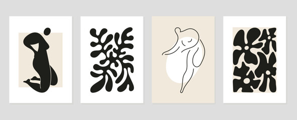 Obraz na płótnie Canvas Set of abstract cover background inspired by matisse. Nude female body, posture, coral, flower, monochrome. Contemporary aesthetic illustrated design for wall art, decoration, print, wallpaper.