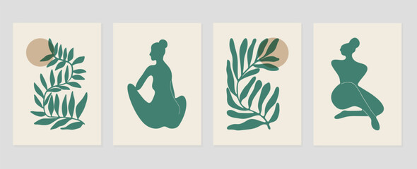 Set of abstract cover background inspired by matisse. Plants, leaf branch, nude female body, monochrome pattern. Contemporary aesthetic illustrated design for wall art, decoration, print, wallpaper. - obrazy, fototapety, plakaty