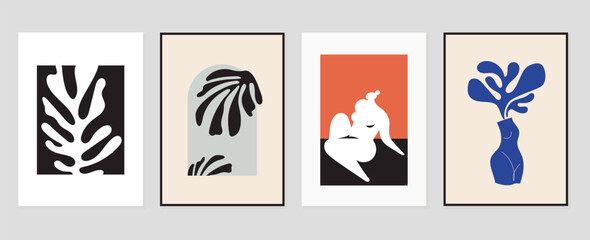 Set of abstract cover background inspired by matisse. Nude female body, posture, coral, flower, vase. Contemporary aesthetic illustrated design for wall art, decoration, print, wallpaper.