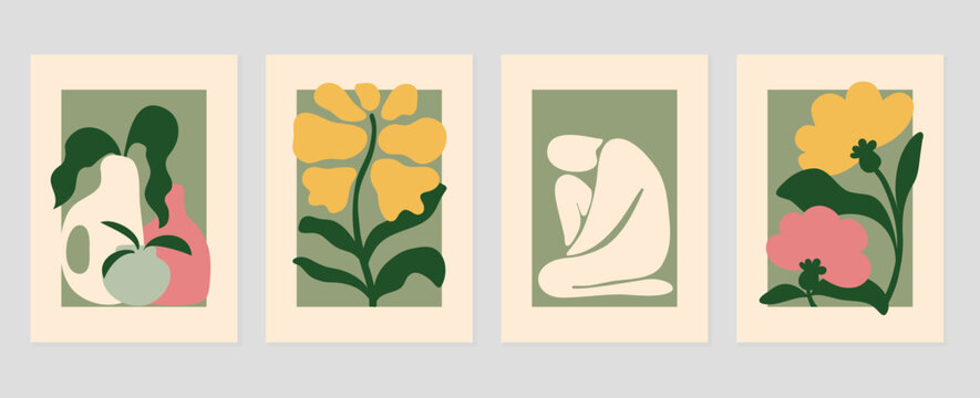 Set of abstract cover background inspired by matisse. Plants, leaf, flower, nude female body, posture, vase. Contemporary aesthetic illustrated design for wall art, decoration, wallpaper, print.