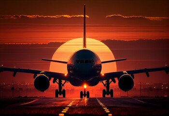 Fototapeta na wymiar Plane taking off from an airport runway during a sunset. Travel concept, Sunset Sky, International Flight. Generative AI Technology