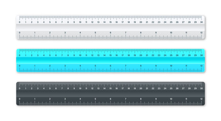 Realistic various plastic rulers with measurement scale and divisions, measure marks. School ruler, centimeter and inch scale for length measuring. Office supplies. Vector illustration
