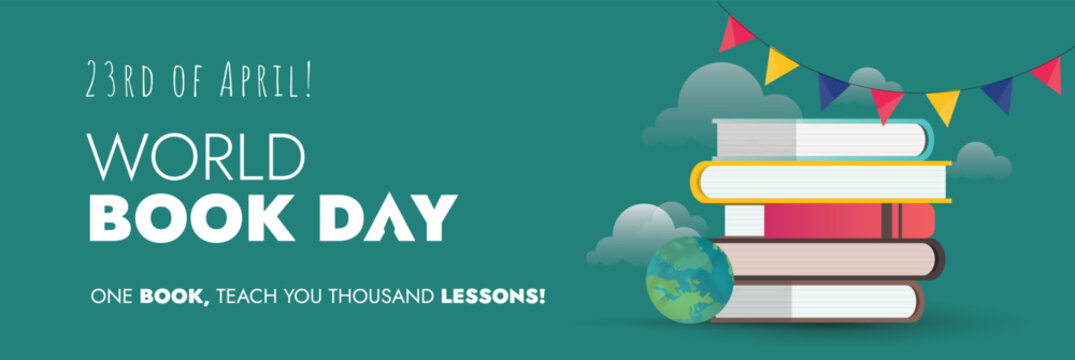 World book day. Happy World book day 2023 celebration cover with pile of books and a globe. one book teach you thousand lessons. 23rd April happy world book day. social media post. Flat Books. Readers