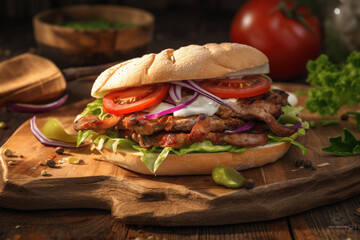 Sandwich kebab burger with green salad, mayonnaise, tomatoes in a bun, bread roll