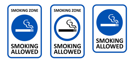 permitting. Smoking allowed prohibition sign. Cartoon smoking icon or pictogram. Smoke signage or smoking here. Cigarette, tobacco or smoke area or zone. Mandatory, blue symbol for public places