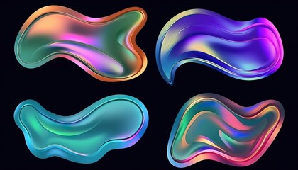 Abstract liquid 3d shapes,floating paint drops with gradient on black background. Realistic bright molecular or fluid elements. design set