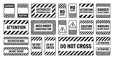 Various black grunge warning signs with diagonal lines. Old attention, danger or caution sign, construction site signage. Realistic notice signboard, warning banner, road shield. Vector illustration