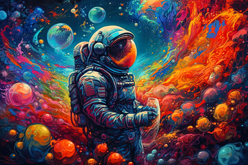 Astronaut in a spacesuit performing a spacewalk against the background of stars and planets.Colorful Generative AI illustration Human spaceflight - obrazy, fototapety, plakaty
