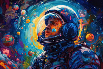 Astronaut in a spacesuit, on the background of open space.Colorful Generative AI illustration Human space flight. Astronaut explores space. - obrazy, fototapety, plakaty