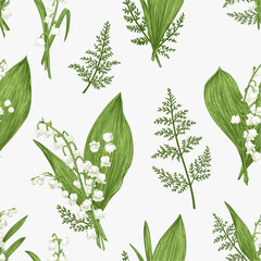 Floral seamless pattern with spring bouquets. Lily of the valley flowers and leaves.. Background for textile or book covers, manufacturing, wallpapers, print, gift wrap. Greenery. © Lisla
