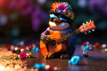 A happy-go-lucky penguin wearing a flowery lei and sunglasses, standing on a block of ice and playing a ukulele with a big smile