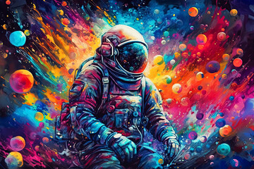 Astronaut in a spacesuit performing a spacewalk against the background of stars and planets.Colorful Generative AI illustration Human spaceflight - obrazy, fototapety, plakaty