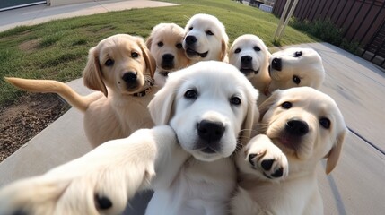 A group of happy labrador puppies taking selfies together