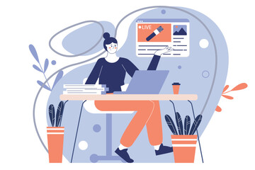 Journalism blue concept with people scene in the flat cartoon design. Journalist writes a new article for an Internet site. Vector illustration.