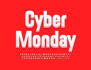 Vector bright Emblem Cyber Monday. Elegant White Font. 3D Modern  Alphabet Letters, Numbers and Symbols