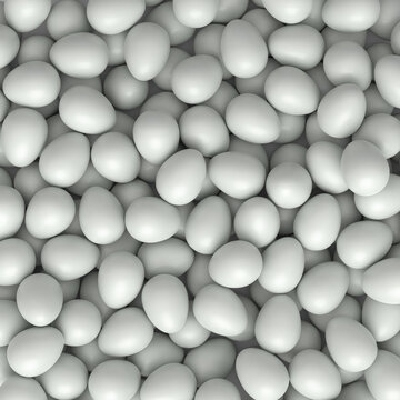 Many farm raw organic white chicken eggs background from local market