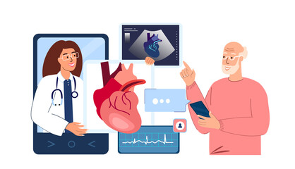 Online Cardiologist Doctor Consultate Patient Pensioner Old Man.Medical Hospital.Internet Diagnostic Fluorography.Heart Desease,Arterial Pressure Cardiogram Treatment.Digital Service.Illustration
