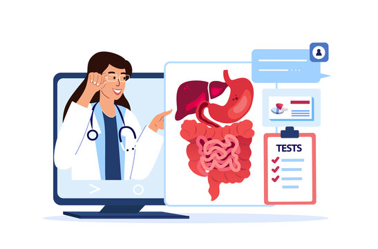 Online Consultation,Doctor Gastroenterologist,Hepatologist.Gastrointestinal Tract,Stomach,Intestines,Hepatic.Diagnostics Internet Application.Online Medical Hospital.Digital Treatment Illustration