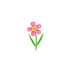 hand drawn illustration aof a pink flower with smiling face stem and leaves on a transparent background