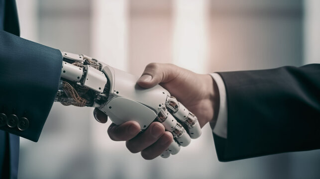 handshake between robot and businessman, concept of A.I. collaborate with human. Generative AI image.