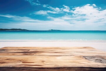 wooden table resting on a sandy beach with a view of the ocean. Generative AI