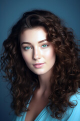 Fototapeta premium Portrait of a woman with curly brown hair and green eyes, Generative AI