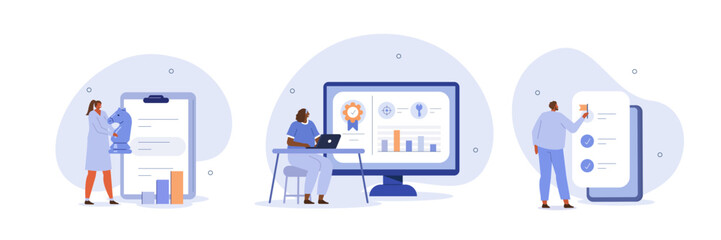 Objective key results illustration set. Characters setting goals, objectives and planning strategy to successfully accomplish project task achievement. Business concept. Vector illustration.