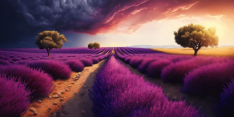  Purple lavender field in Provence at sunset. Lavender. generative ai. Stunning summer landscape in Provence, France with blooming violet fields © Aquir