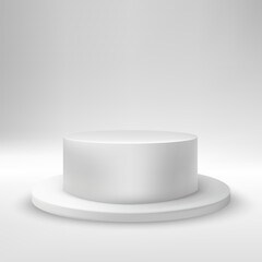 Abstract white room with realistic white and gray cylindrical podium. Minimal scene for product demonstration.