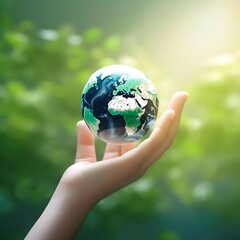 Earth crystal glass globe ball and growing tree in human hand, flying yellow butterfly on green sunny background created with Generative AI technology.