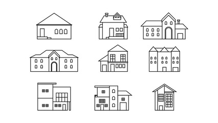 cottage house buildings set line art. Vector illustration outline design.