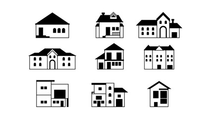 cottage house buildings set bw. Vector illustration architectural homes design.