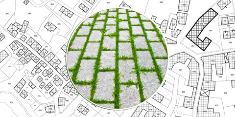 Permeable interlocking concrete pavers called self-locking floor assembled on a substrate of sand along the streets, sidewalks, an squares for outdoor use - concept with imaginary city map