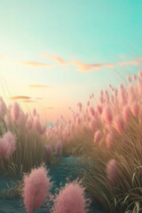 Fototapeta premium This Minimalistic Landscape Poster features a simple yet beautiful illustration of a meadow at sunrise. The horizon and sunlight create a stunning backdrop for the serene and peaceful scenery.