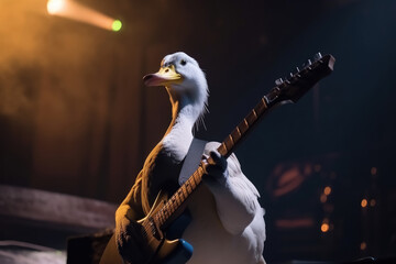A duck plays rock music on an electric guitar with its wing on a rock concert stage created with generative AI technology.