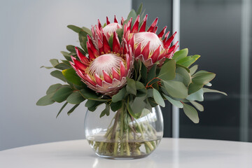Beautiful red king protea flowers bouquet in a kitchen. Generative AI - obrazy, fototapety, plakaty