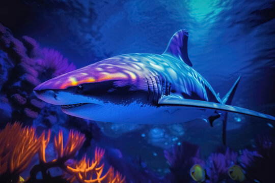 Blacklight Painting of a shark in the Ocean created with generative AI technology.