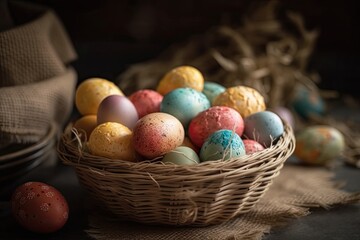 Fototapeta na wymiar basket filled with vibrant and colorful Easter eggs. Generative AI
