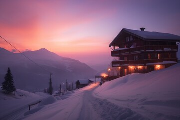 Mountain Lodge sitting alone in a mountain setting. With a pink and purple sunset