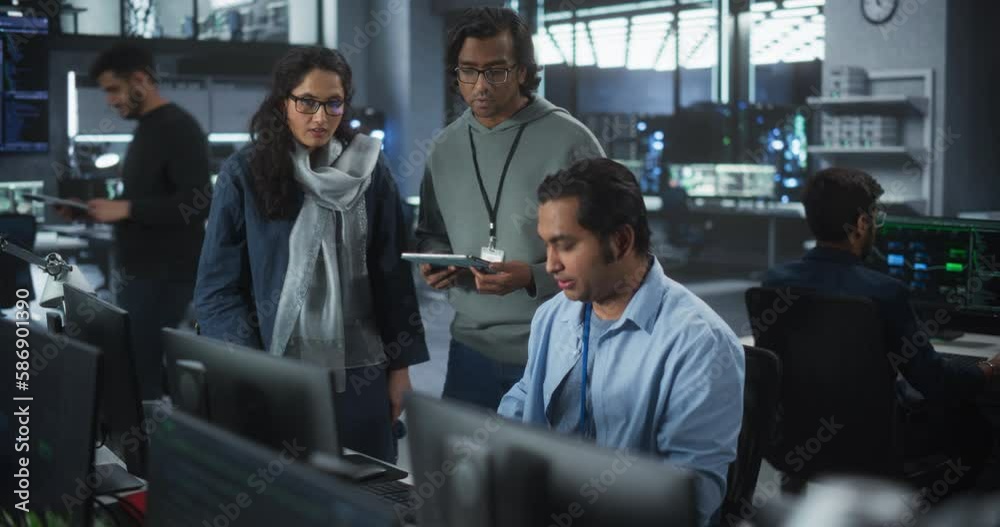 Aufkleber Focus Switching from Desktop Computer Display with Software Code to a Team of Three Talented Young Indian Developers Discussing a Technological Project in Modern Industrial Office
