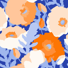 Poppy vector seamless pattern hand drawing. Wild flowers colorful botanical illustration, floral elements on blue background