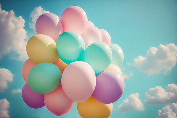Colorful helium balloons concept in the cloud blue sky. Abstract Spring decoration. Illustration, Generative AI.