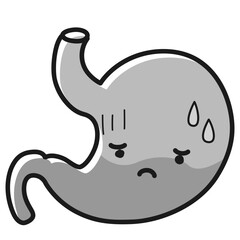 困った顔の胃のイラスト（キャラクター）胃炎、胃もたれ、不調など（白黒）