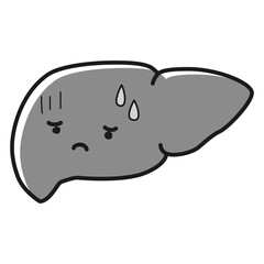 困った顔の不健康な肝臓のイラスト（キャラクター）（白黒）